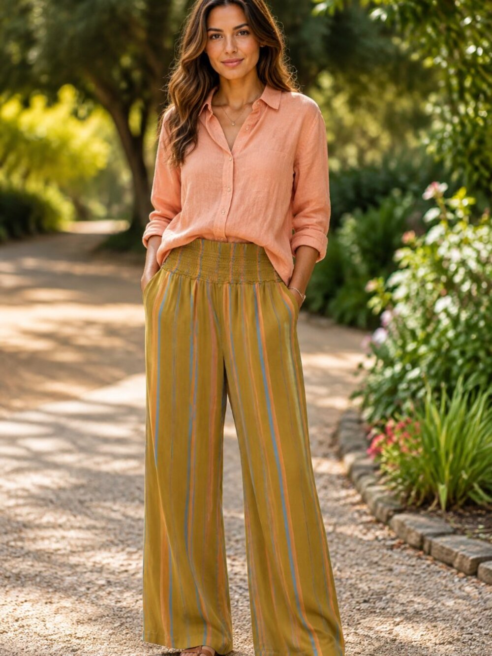 O'NEILL Johnny Smocked Waist Viscose Dark Mustard Yellow w/Stripes Trousers M
